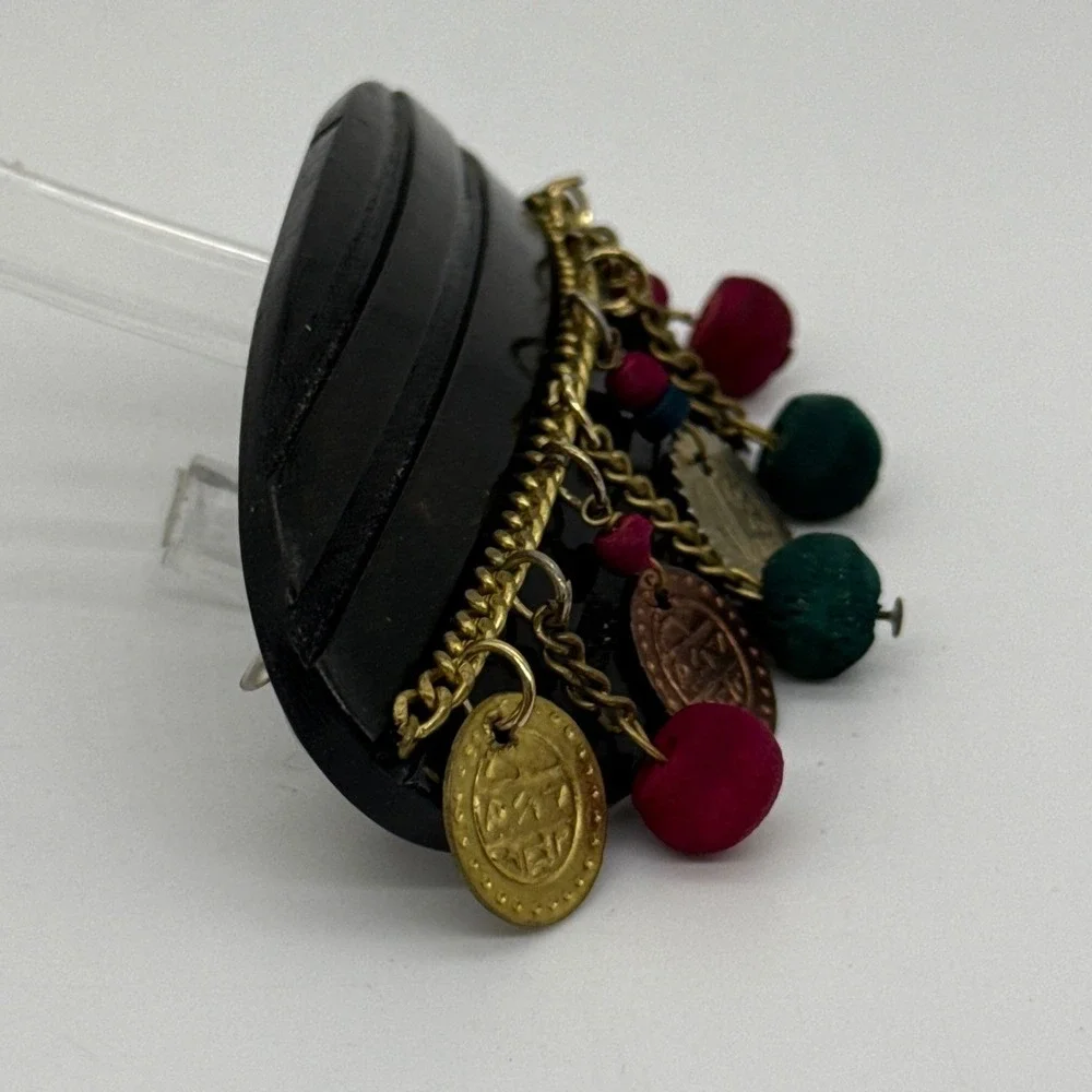 Vintage Boho Oval Hair Barrette with Dangle Coins and Colorful Beads French Clip
